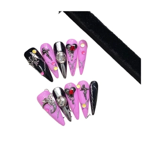 Pink and black gothic handmade press-on nails with silver cross and heart gem details