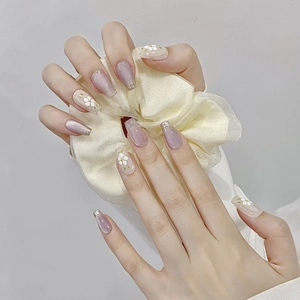 Handmade Pink Cat Eye Press On Nails Blush Floral Design Coffin Fake Nails Short Length Full Cover Manicure For Women