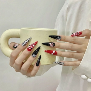 Handmade Gothic Halloween Press On Nails 3D Eyeball Spider Web Cross Design Dark Red Black Silver Stiletto Fake Nails Jewelry For Women