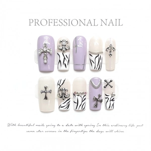 Purple White Zebra Coffin Press On Nails Gothic Alloy Cross Rhinestone Artificial Pearl Handmade False Nails Manicure Art