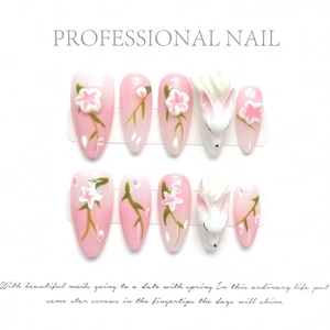 Faux Ongles Faits Main Dégradé Rose Blanc Design 3D Renard Lapin Fleur Relief Style Néo-Chinois Ongles Peints à la Main