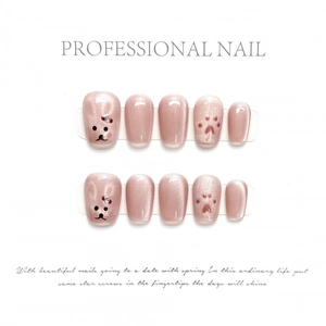 Handmade Cat Eye Press On Nails Cute Pink Bear Cat Paw Pattern Short Trapezoid 3D Rhinestone Bow Glue On Nails For Women