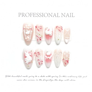 Handmade 3D Relief Swan Bow Press On Nails Pink White Gradient Almond Shape Artificial Pearl Reusable False Nails For Women