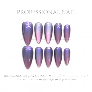 Handmade Dreamy Blue Purple Cat Eye Press On Nails Long Almond Gradient Reusable Fake Nails For Women Cool Girl Nail Art