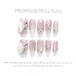 Ongles à Coller de Luxe Faits à la Main Dégradé Rose Violet Effet Œil de Chat Coffin Faux Ongles Avec Papillon 3D Perles Artificielles Strass