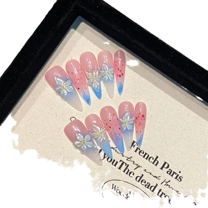 Faux ongles dégradés rose et bleu avec fleurs 3D et points décoratifs, lot de 10