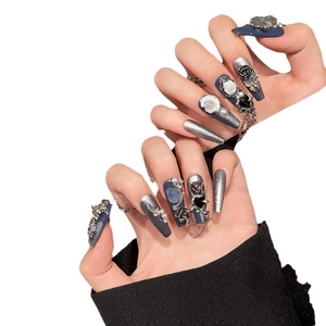 Gothic long coffin press-on nails in deep blue and silver with 3D roses and metal chains