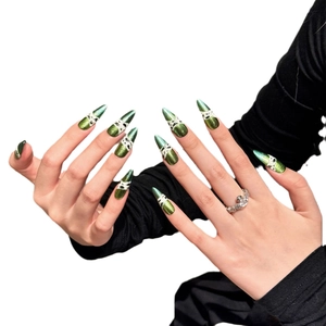 Stiletto press-on nails with metallic green snake print and punk lace art design
