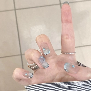 Handmade Sea Salt Mint Cat Eye Press On Nails French Gradient Blue Silver Square Coffin Fake Nails With Rhinestone Star Decor
