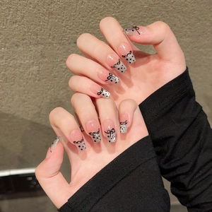 Handmade French Style Press On Nails Pink Gradient Silver Glitter Bow Knot Polka Dot Sweet Fake Nails With Tool Kit
