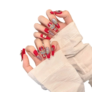 Exquisite red long coffin press-on nails with 3D phoenix gold charms and pearls