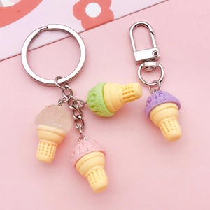 Colorful resin ice cream cone charms on keychain with rings and lobster clasp