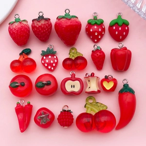 Red Resin Fruit Vegetable Charms Strawberry Cherry Apple Chili Pendant Only (Without Chain) For DIY Jewelry Making Accessories