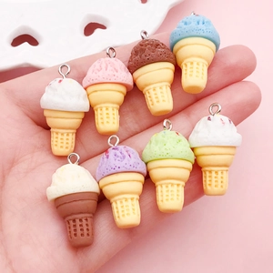 Set of 8 colorful resin ice cream cone charms with metal rings for DIY jewelry crafts