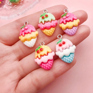 Handheld resin ice cream cone charms with cherry detail for DIY jewelry making