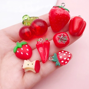 Red resin fruit and vegetable charms including strawberry, cherry, and chili for DIY jewelry
