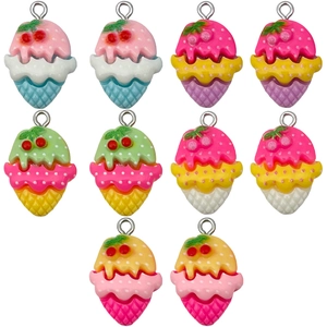 Mix of colorful resin cherry ice cream cone pendants with silver loops for DIY jewelry