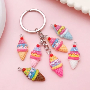 Cute DIY strawberry resin ice cream pendant keychain with colorful charms and silver ring