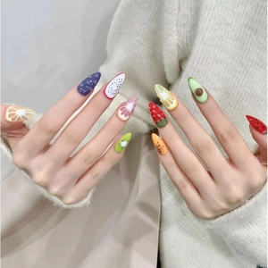 Handmade Summer Fruit 3D Embossed Press On Nails Pitaya Lemon Strawberry Pattern Medium Long Almond Reusable Fake Nails