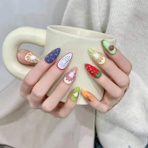 Handmade 3D fruit-themed press-on nails with embossed dragon fruit and lemon designs