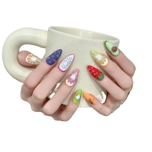 Handmade fruit press-on nails with 3D embossed dragon fruit and lemon summer designs