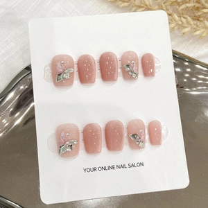 Handmade Pink Cat Eye Butterfly Press On Nails Short Coffin Aurora Shimmer Fake Nails Rhinestone Inlaid Daily Manicure For Women