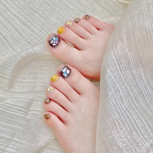 Handmade Luxury Shell Inlaid Press On Toenails White Glitter Gold Foil Summer Ocean Style High End Foot Nail Art Tips