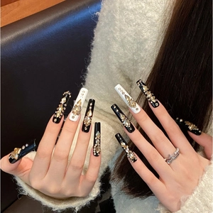 Extra long handmade square press-on nails with luxury gold rhinestones and white pearls
