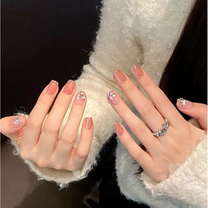 Handmade aurora cat-eye short square press-on nails with silver bows and rhinestone decor