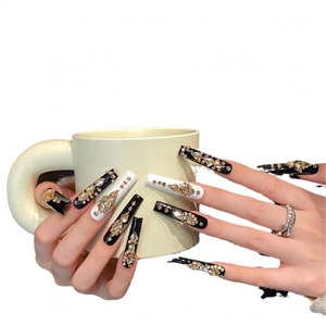 Extra long luxury handmade press-on nails with black and white 3D rhinestone designs