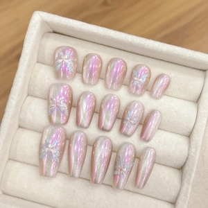 Schmetterling Aurora Künstliche Fingernägel Aufkleben Katzenauge Rosa Violett Kurze Sargform Künstliche Nägel Damen Täglich