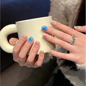 Short handmade press-on nails with aurora butterfly patterns and soft matte finish