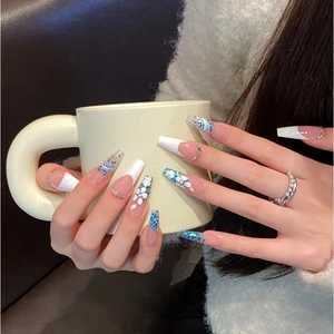 Handmade Extra Long Coffin Press On Nails French White Edge 3D Floral Blue Glitter Rhinestone Fake Nails For Women