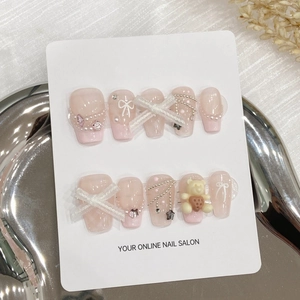 Handmade French Nude Pink Press On Nails With 3D Bowknot Rhinestone Artificial Pearl Sweet Heart Decor Fake Nails For Women