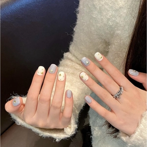 Short square press-on nails with celestial star moon totems in grey and white