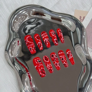 Faux Ongles à Presser Coffin Extra Longs Faits à la Main Rouge Motif Paisley Bandana Faux Ongles pour Femmes Mode Manucure Accessoires