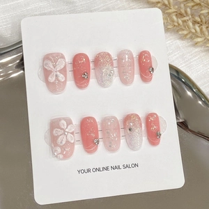 Handgefertigte Künstliche Nägel Rosa Rouge Farbverlauf Schmetterling Blumen Strass Künstliche Perle Oval Fake Nails Für Damen Hochzeit