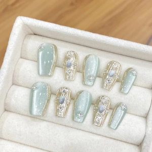 Unghie Finte a Pressione Occhio di Gatto Fatte a Mano Con Strass 3D Künstliche Perle Verde Menta Grigio Per Donna Quotidiano