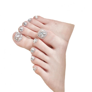 Handmade silver white press-on toenails with sparkling rhinestones and pearls