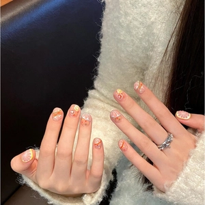Handmade short square press-on nails with fresh lemon and grapefruit summer fruit art