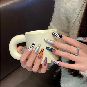 Handmade Coffin Press On Nails Extra Long Silver Metallic Cat Eye Leopard Cross Design Y2K Cool Style Fake Nails For Women