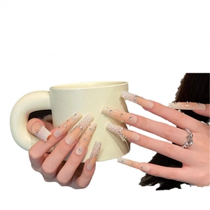 Pink gradient long coffin press-on nails with luxury pearls and sparkling rhinestones