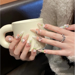 Handmade Frozen Rose Press On Nails Long Almond 3D Flower Artificial Pearl Rhinestone Gradient Pink White French Manicure Jewelry Women