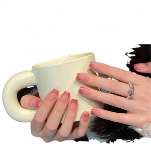 Pink gradient cat-eye handmade press-on nails with shiny finish in medium-long square shape