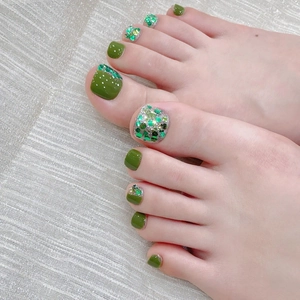 Handmade Olive Green Press On Toenails With Glitter Sparkling Reusable Foot Manicure Fake Toes Nails For Women Beauty Decor