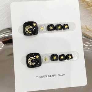 Handmade Black Silver Moon Star Rhinestone Press On Toenails Dreamy Galaxy Glitter Fake Nails For Women Set