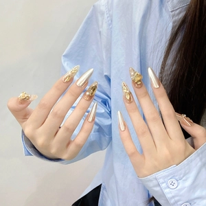 Unghie Finte a Pressione di Lusso Oro Champagne Fatte a Mano Forma Stiletto Mandorla Decorazione Strass Künstliche Perle Donna Manicure Festa