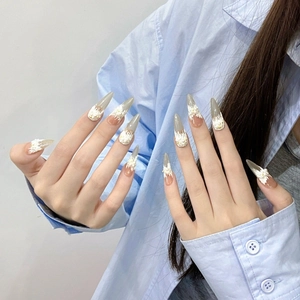Faux Ongles à Presser Faits à la Main Relief 3D Floral Dentelle Künstliche Perle Décor Amande Longue Nude Rose Gris Vert Élégant Femme