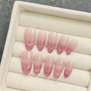 Faux ongles amande faits main avec œil de chat et dégradé rose-violet, 10 pièces