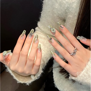 Long trapezoid press-on nails with hand-painted green bamboo and jade平安扣 accents